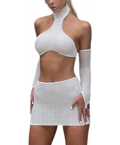 Women Sexy Bodycon Mini Skirt Set Halter Cutout Tank Crop Tops Y2K Two Piece Outfits Bandage Dress Clubwear T4 White $11.95 S...