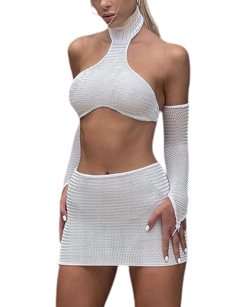 Women Sexy Bodycon Mini Skirt Set Halter Cutout Tank Crop Tops Y2K Two Piece Outfits Bandage Dress Clubwear T4 White $11.95 S...