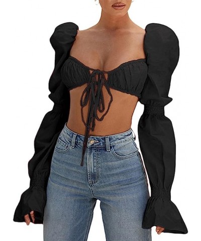 Women's Sexy Self Tie Front Ruched Puff Long Sleeve Crop Top Blouse New Black $7.53 Blouses