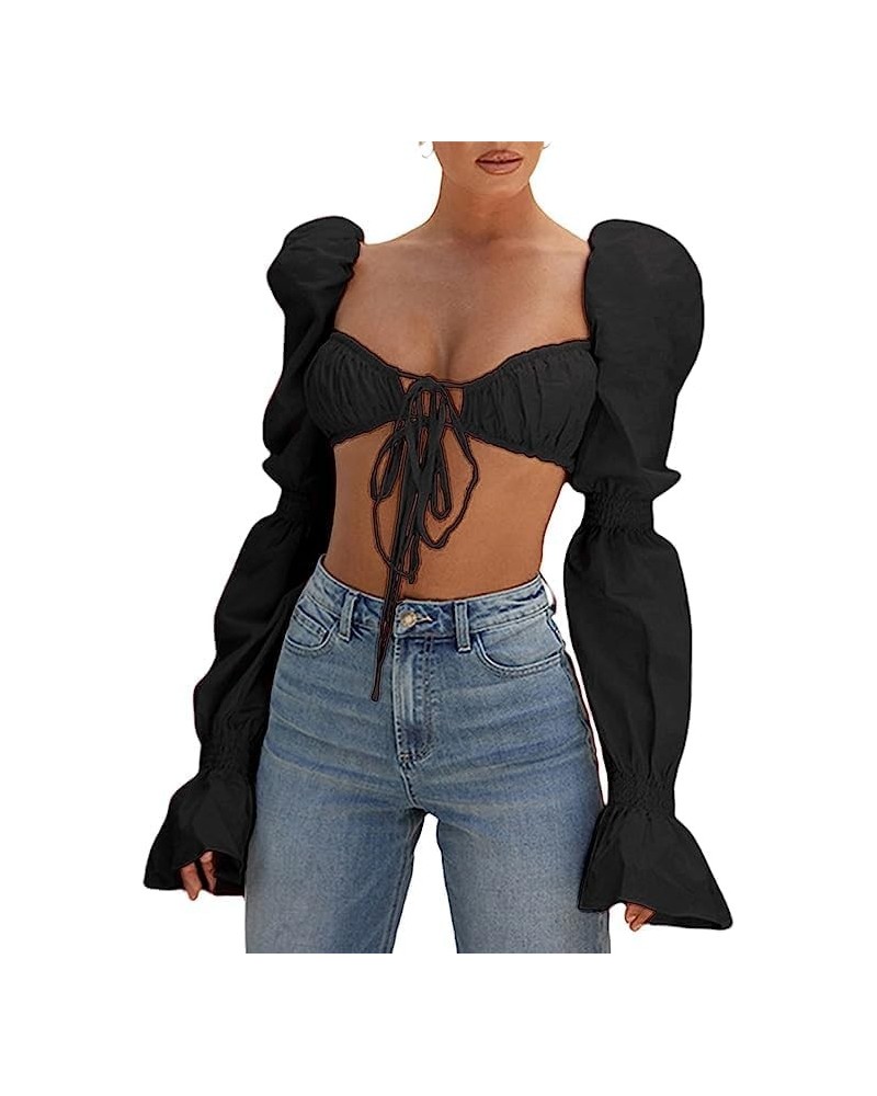 Women's Sexy Self Tie Front Ruched Puff Long Sleeve Crop Top Blouse New Black $7.53 Blouses