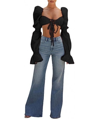 Women's Sexy Self Tie Front Ruched Puff Long Sleeve Crop Top Blouse New Black $7.53 Blouses