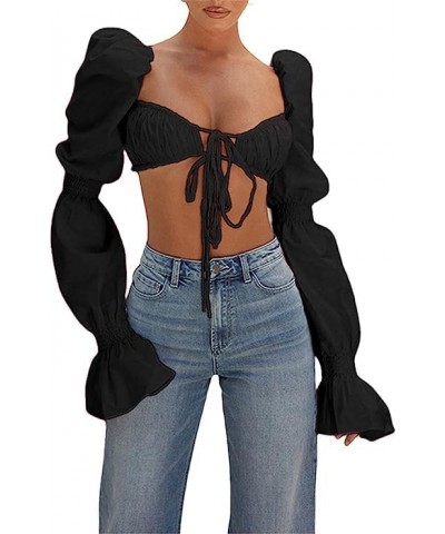 Women's Sexy Self Tie Front Ruched Puff Long Sleeve Crop Top Blouse New Black $7.53 Blouses