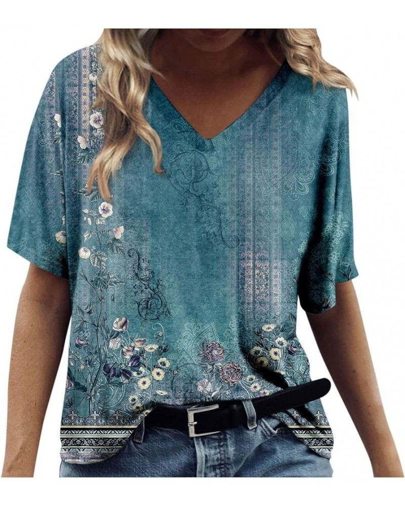 Tops for Women 2024 Hawaiian Printed V Neck Short Sleeve T Shirts Loose Oversized Shirts Holiday Daily Basic Tees 03sky Blue ...