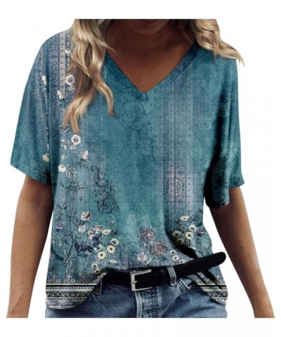 Tops for Women 2024 Hawaiian Printed V Neck Short Sleeve T Shirts Loose Oversized Shirts Holiday Daily Basic Tees 03sky Blue ...