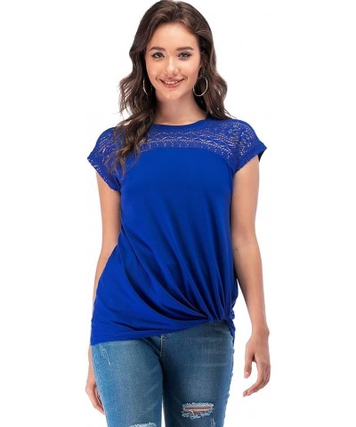 Womens Casual Short Sleeve Lace T Shirts Loose Twist Knot Front Blouse Tops Blue $16.79 Blouses