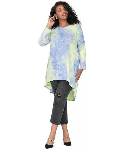 Womens Plus Size Long Sleeve Hi Low Tunic Tops Long Loose Fit Flare Basic Swing Blouse Tops Shirt For Leggings Yellow Green T...