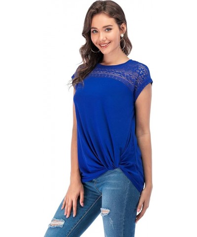 Womens Casual Short Sleeve Lace T Shirts Loose Twist Knot Front Blouse Tops Blue $16.79 Blouses