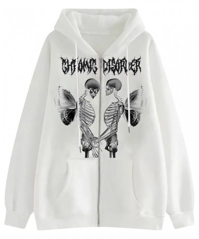 Women Zip Up Hoodie Y2k Vintage Graphic Oversized Hooded Sweatshirt Jacket Pullover Coats Harajuku Streetwear P-white Skeleto...