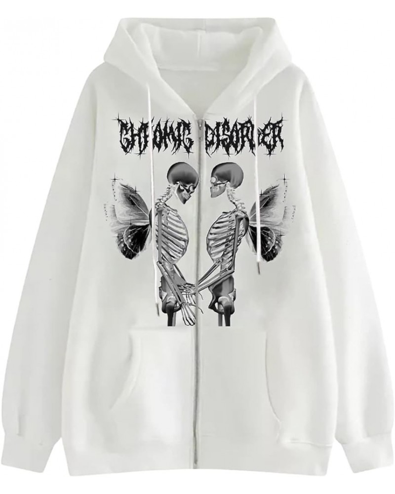 Women Zip Up Hoodie Y2k Vintage Graphic Oversized Hooded Sweatshirt Jacket Pullover Coats Harajuku Streetwear P-white Skeleto...