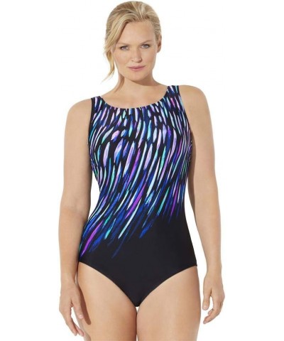 Women's Plus Size Tummy Control Chlorine Resistant High Neck One Piece Swimsuit Purple Blue Rain $27.20 Swimsuits