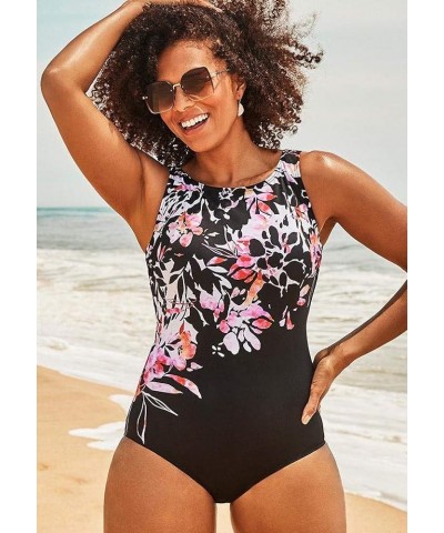 Women's Plus Size Tummy Control Chlorine Resistant High Neck One Piece Swimsuit Purple Blue Rain $27.20 Swimsuits