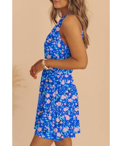 Women Summer Boho Floral Sundress Sleeveless Halter Neck Elastic Waist A-Line Ruffle Mini Swing Dresses with Pockets Blue Flo...