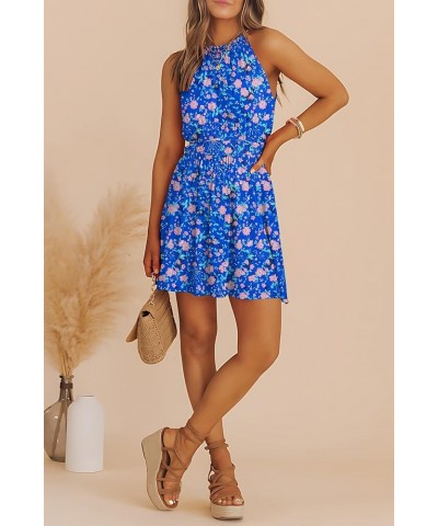 Women Summer Boho Floral Sundress Sleeveless Halter Neck Elastic Waist A-Line Ruffle Mini Swing Dresses with Pockets Blue Flo...