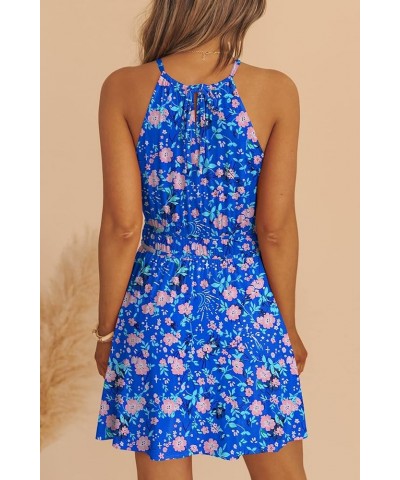 Women Summer Boho Floral Sundress Sleeveless Halter Neck Elastic Waist A-Line Ruffle Mini Swing Dresses with Pockets Blue Flo...