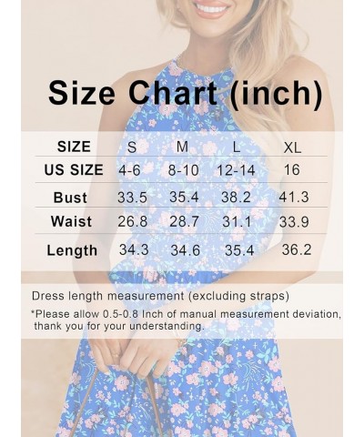 Women Summer Boho Floral Sundress Sleeveless Halter Neck Elastic Waist A-Line Ruffle Mini Swing Dresses with Pockets Blue Flo...