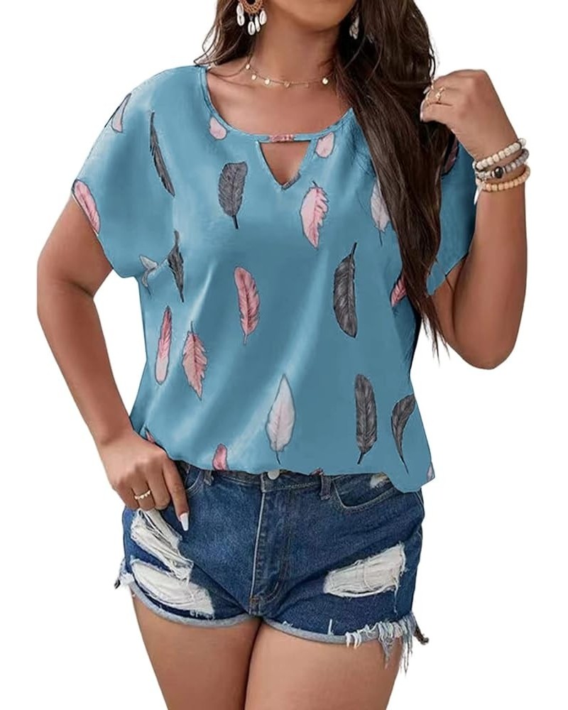 Plus Size Tops for Women Feather Print Blouse Keyhole Neck Short Sleeve Shirts Loose Fit T Shirt Summer Work Shirts Light Blu...