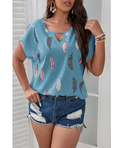 Plus Size Tops for Women Feather Print Blouse Keyhole Neck Short Sleeve Shirts Loose Fit T Shirt Summer Work Shirts Light Blu...