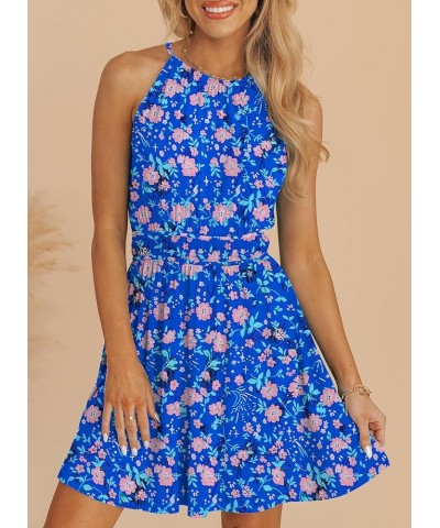 Women Summer Boho Floral Sundress Sleeveless Halter Neck Elastic Waist A-Line Ruffle Mini Swing Dresses with Pockets Blue Flo...