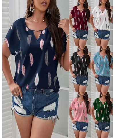 Plus Size Tops for Women Feather Print Blouse Keyhole Neck Short Sleeve Shirts Loose Fit T Shirt Summer Work Shirts Light Blu...