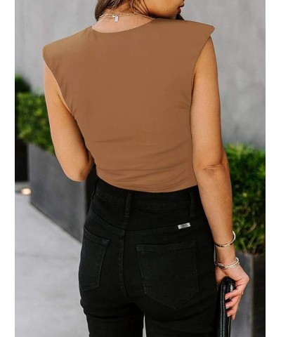 Women's Casual Sleeveless Crew Neck Pads Shoulder Bodysuit Tank Tops Brown $12.47 Lingerie