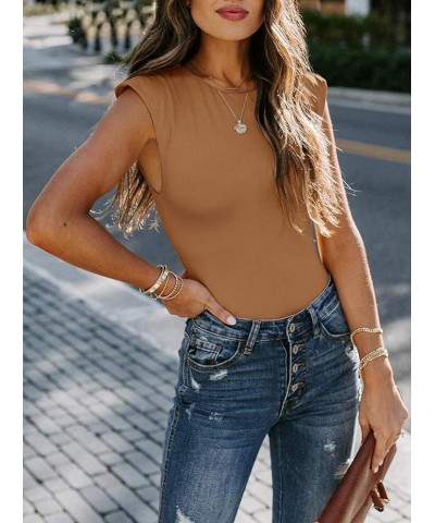 Women's Casual Sleeveless Crew Neck Pads Shoulder Bodysuit Tank Tops Brown $12.47 Lingerie