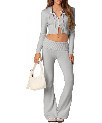 Women Ribbed Knit 2 Piece Outfits Long Sleeve Zip Up Crop Jacket + High Waist Flare Skinny Pants Loungewear Sets Light Grey C...