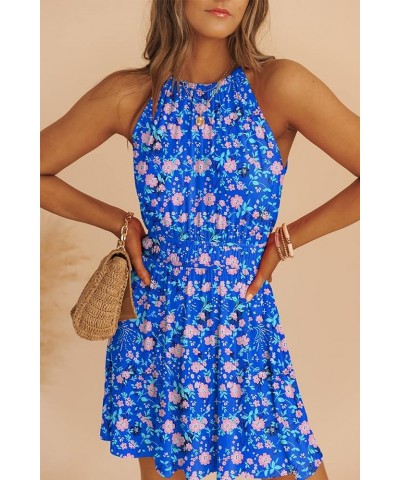 Women Summer Boho Floral Sundress Sleeveless Halter Neck Elastic Waist A-Line Ruffle Mini Swing Dresses with Pockets Blue Flo...