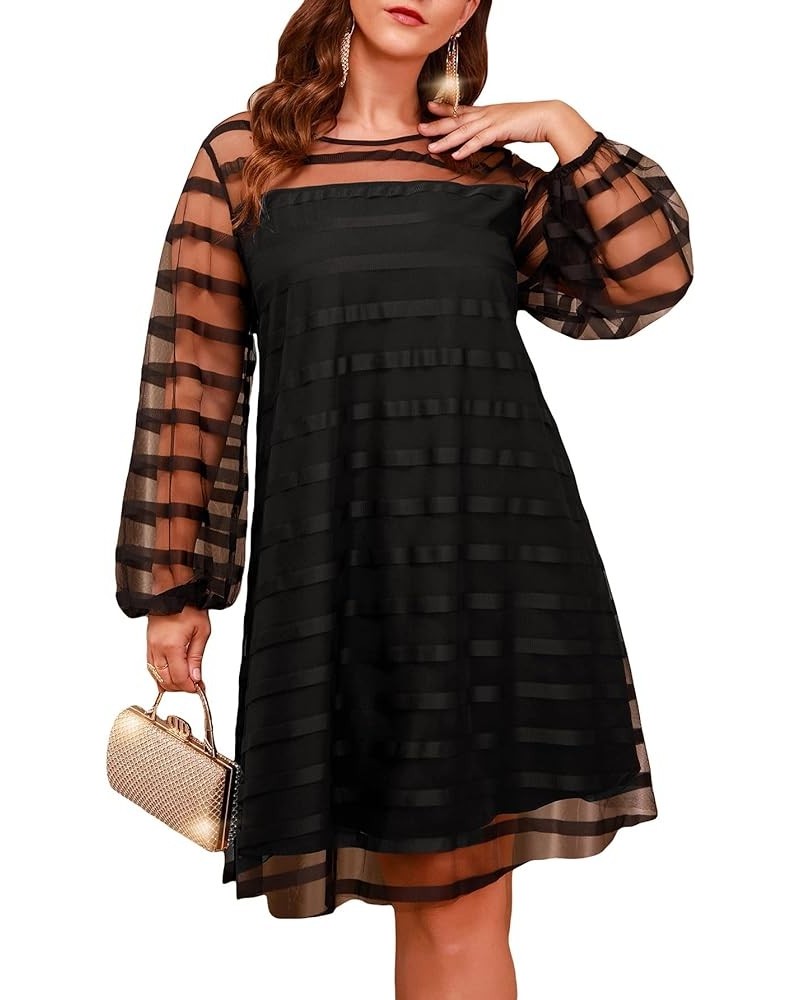 Women's Plus Size Striped Mesh Lantern Sleeve Round Neck Flared Tunic Mini Dress Black $19.36 Dresses