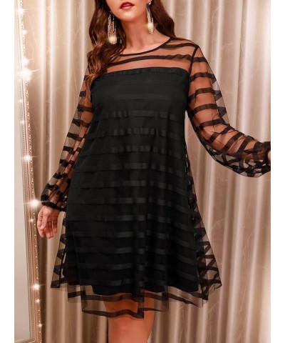 Women's Plus Size Striped Mesh Lantern Sleeve Round Neck Flared Tunic Mini Dress Black $19.36 Dresses