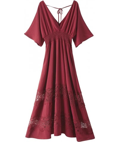 Women's Lace Maxi Dress Short Sleeve V Neck Party Dress Smocked Waist Boho Maxi Dress Bohemian Dress for Women Dark Red $25.0...