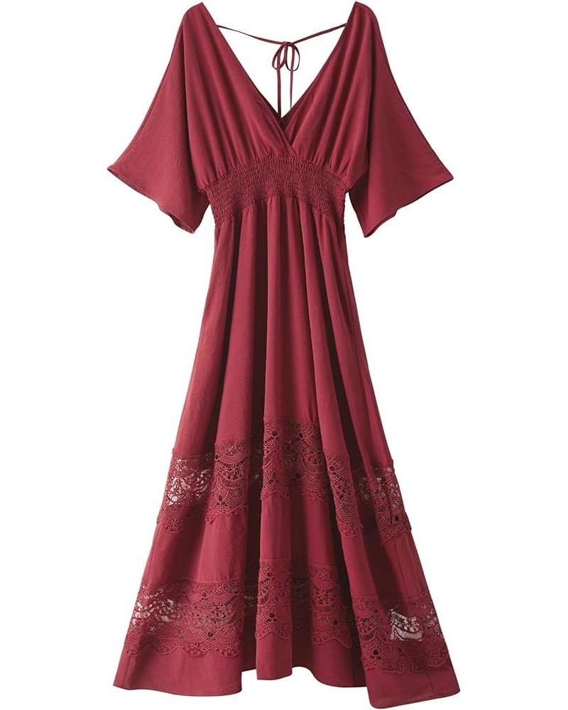 Women's Lace Maxi Dress Short Sleeve V Neck Party Dress Smocked Waist Boho Maxi Dress Bohemian Dress for Women Dark Red $25.0...