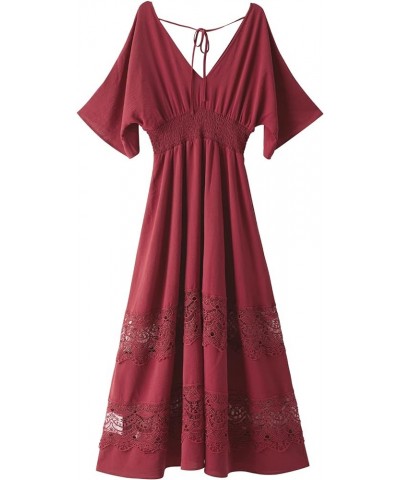 Women's Lace Maxi Dress Short Sleeve V Neck Party Dress Smocked Waist Boho Maxi Dress Bohemian Dress for Women Dark Red $25.0...