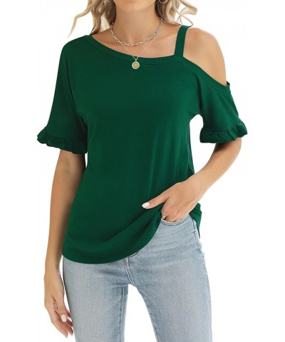 Women's Cold Shoulder Tops Dressy Casual Ruffle Short Sleeve Loose Fit Blouses 2024 Trendy Deep Green $12.74 Blouses