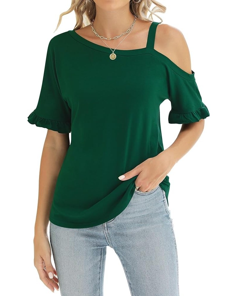 Women's Cold Shoulder Tops Dressy Casual Ruffle Short Sleeve Loose Fit Blouses 2024 Trendy Deep Green $12.74 Blouses