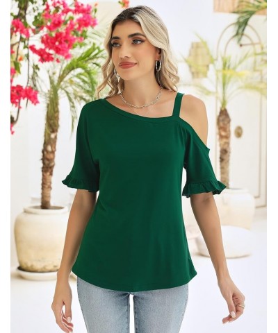 Women's Cold Shoulder Tops Dressy Casual Ruffle Short Sleeve Loose Fit Blouses 2024 Trendy Deep Green $12.74 Blouses