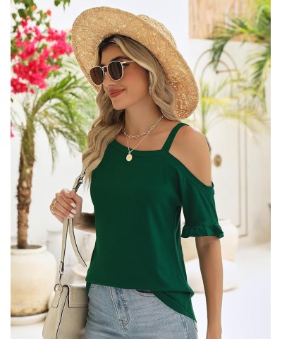 Women's Cold Shoulder Tops Dressy Casual Ruffle Short Sleeve Loose Fit Blouses 2024 Trendy Deep Green $12.74 Blouses