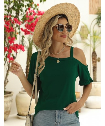 Women's Cold Shoulder Tops Dressy Casual Ruffle Short Sleeve Loose Fit Blouses 2024 Trendy Deep Green $12.74 Blouses