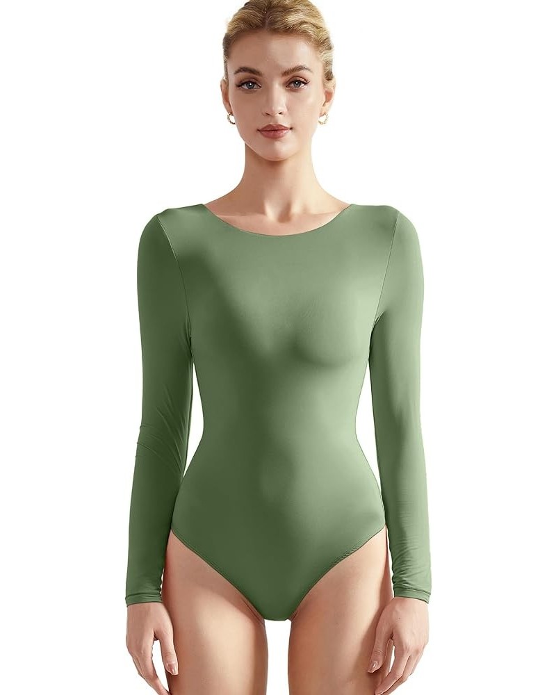 Women Crew Neck Long Sleeve Bodysuit Sexy Thong Bodysuit Shirts 02 Army Green $13.00 Bodysuits