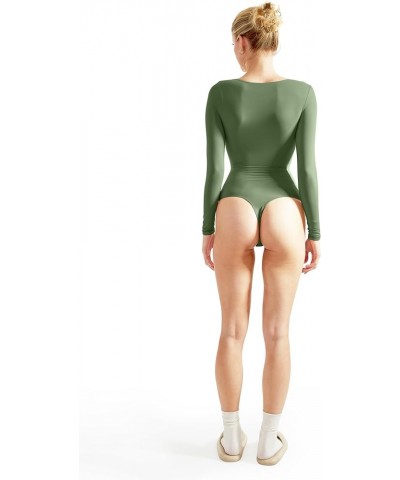 Women Crew Neck Long Sleeve Bodysuit Sexy Thong Bodysuit Shirts 02 Army Green $13.00 Bodysuits