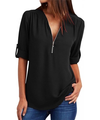 Womens V Neck Casual Blouse Sleeveless Chiffon Zipper Up Tank Top Black $13.10 Blouses