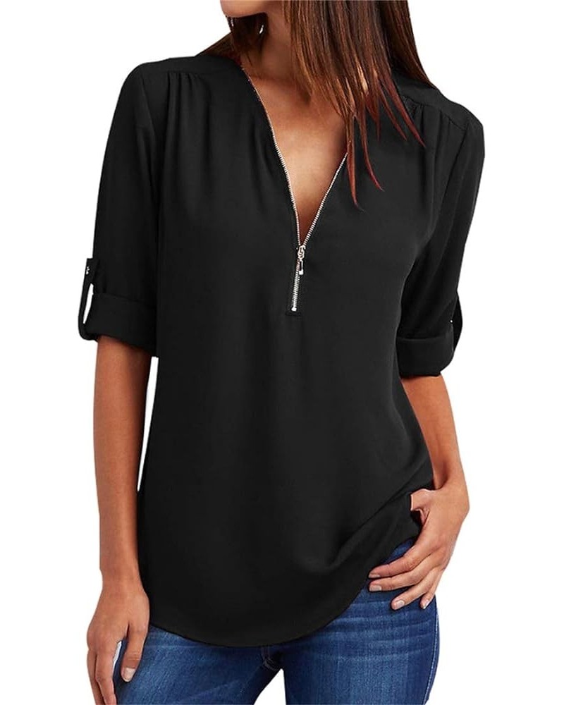 Womens V Neck Casual Blouse Sleeveless Chiffon Zipper Up Tank Top Black $13.10 Blouses