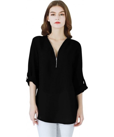 Womens V Neck Casual Blouse Sleeveless Chiffon Zipper Up Tank Top Black $13.10 Blouses