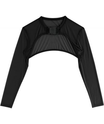 Women's Mesh Shrug Long Sleeve Sheer Crop Top Buckle Front Rave Punk Gothic Cover up Streetwear Black $6.34 Sweaters