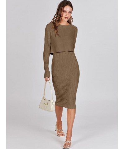 Women Casual Two Piece Outfits Long Sleeve Ribbed Knit Crop Top and Bodycon Midi Dresses Pullover Sweater Sets Coffee $26.66 ...