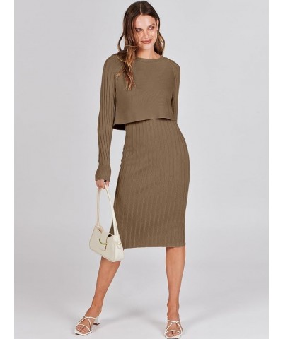 Women Casual Two Piece Outfits Long Sleeve Ribbed Knit Crop Top and Bodycon Midi Dresses Pullover Sweater Sets Coffee $26.66 ...