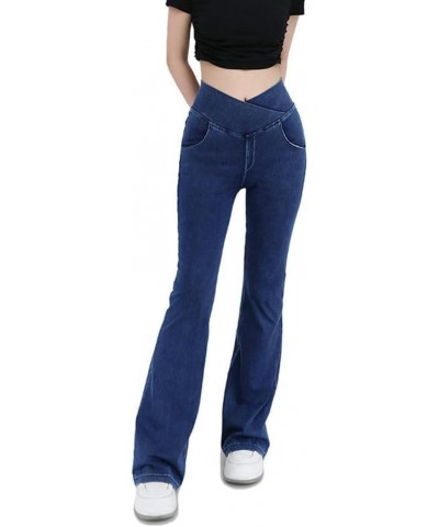 High Waisted Crossover Stretch Knit Wide Leg Denim Flare Jegging, Slim High Waist Blue Denim Pencil Pants Dark Blue $12.40 Jeans