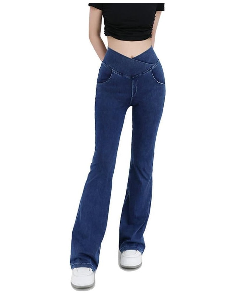 High Waisted Crossover Stretch Knit Wide Leg Denim Flare Jegging, Slim High Waist Blue Denim Pencil Pants Dark Blue $12.40 Jeans