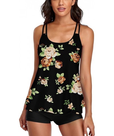 Tankini Swimsuit for Women Two Piece Bikini Tummy Control Bathing Suit Tank Top Swimwear with Boyshorts Flowers & Black $12.6...