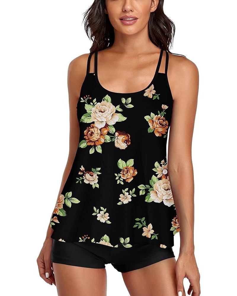 Tankini Swimsuit for Women Two Piece Bikini Tummy Control Bathing Suit Tank Top Swimwear with Boyshorts Flowers & Black $12.6...