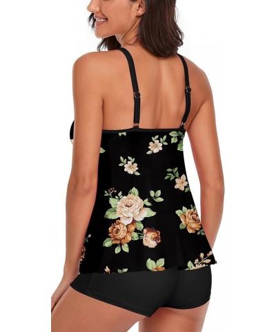 Tankini Swimsuit for Women Two Piece Bikini Tummy Control Bathing Suit Tank Top Swimwear with Boyshorts Flowers & Black $12.6...